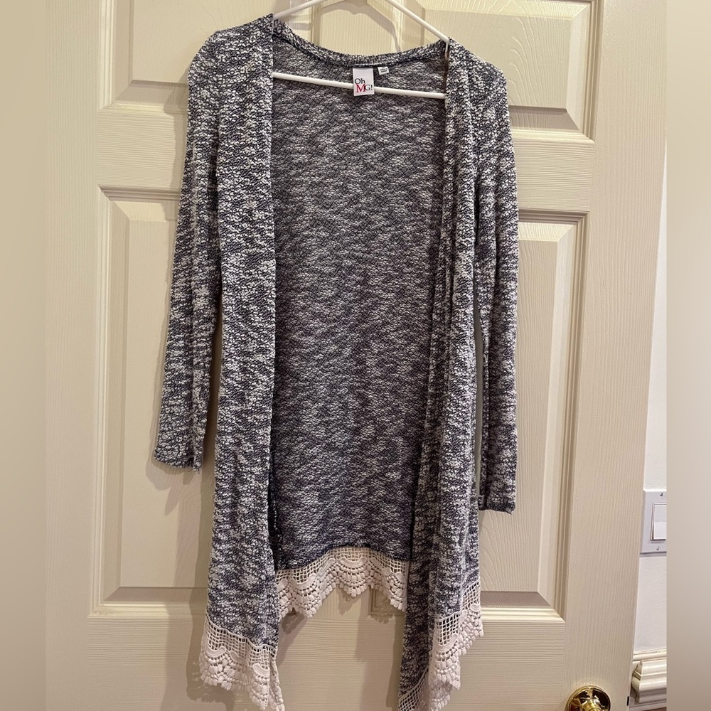 OHMG! Open-Front Sweater with Lace Trim